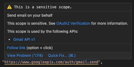 VSCode diagnostics for Google OAuth2 scopes