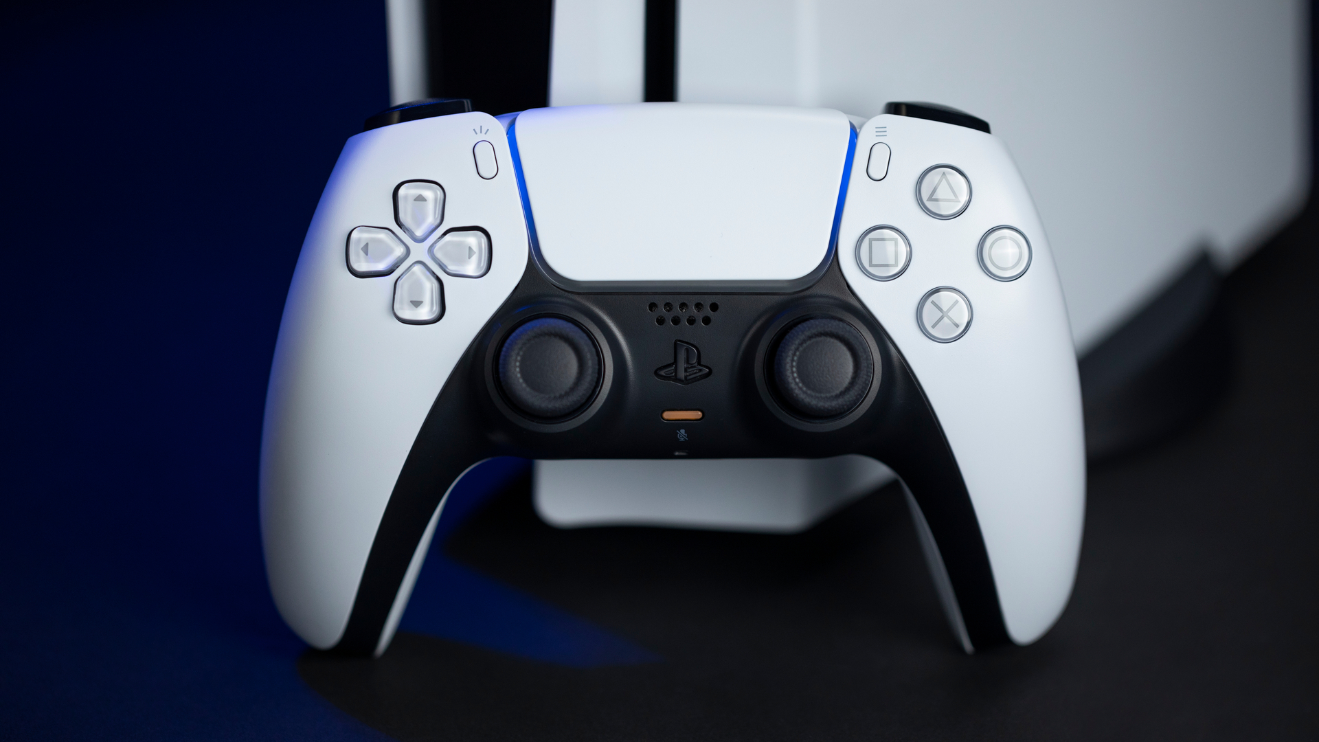 Close up of PS5 DualSense controller leaning on a PS5