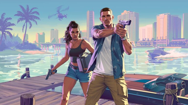 Lucia and Jason stand on a dock, pistols drawn