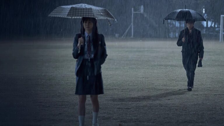 Characters standing in the rain in Nine Puzzles