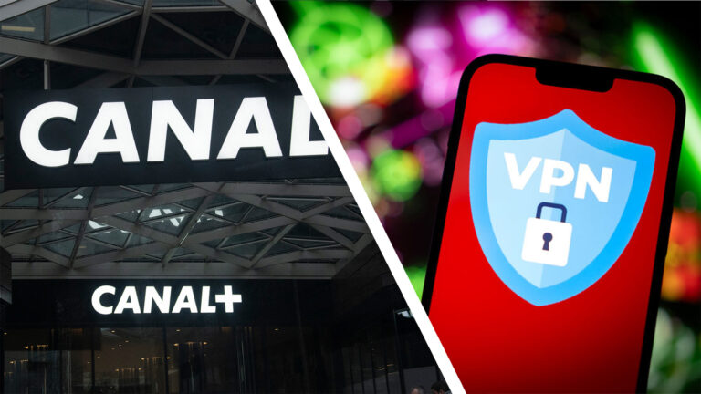 Canal Plus logo office facade building, in Issy les Moulineaux (France) on the left, VPN logo on a smartphone