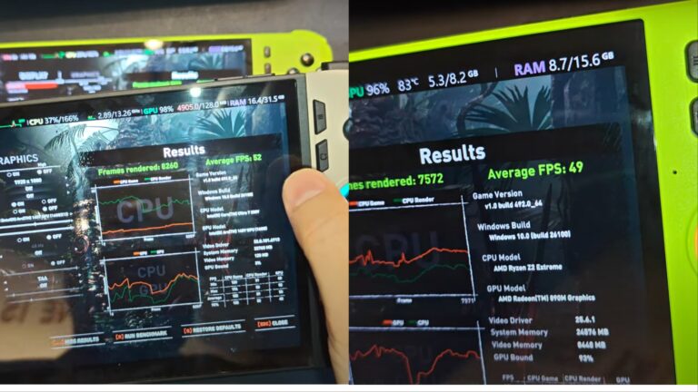 Screenshots of Lines Tech benchmarks on MSI Claw handhelds