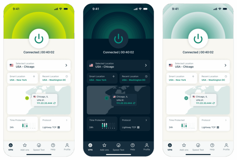 Screenshots of ExpressVPN mobile apps in three different Themes