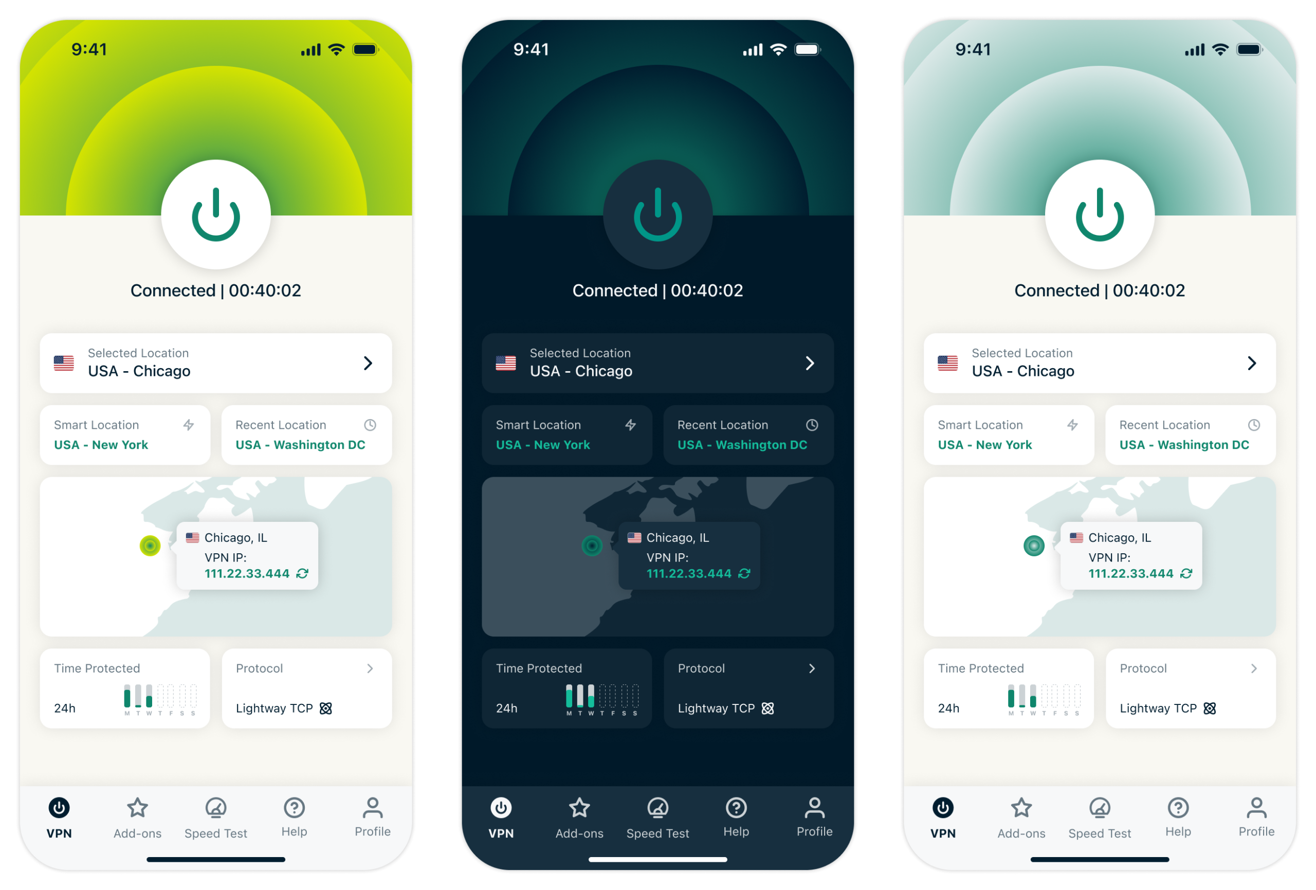Screenshots of ExpressVPN mobile apps in three different Themes