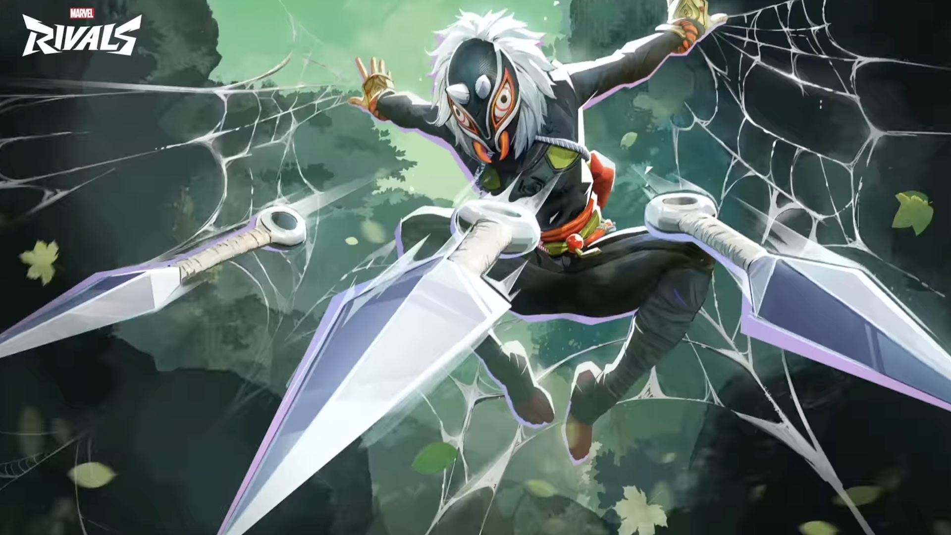 Spider-Man throws kunia towards the screen as he jumps forward wearing an insect mask