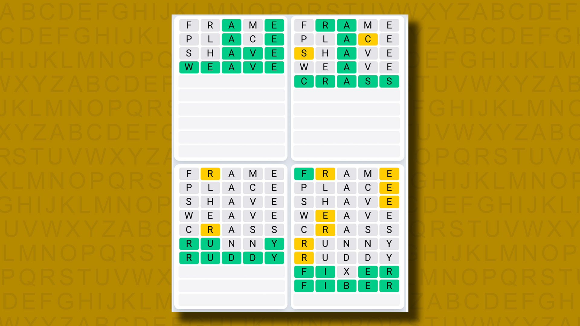 Quordle Daily Sequence answers for game 1259 on a yellow background