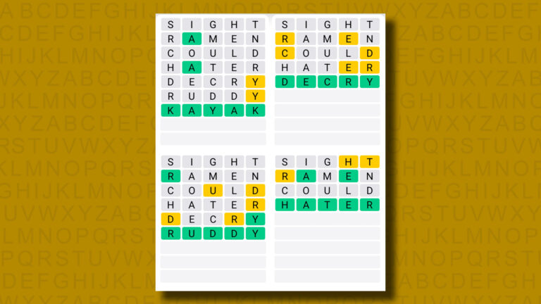 Quordle answers for game 1266 on a yellow background
