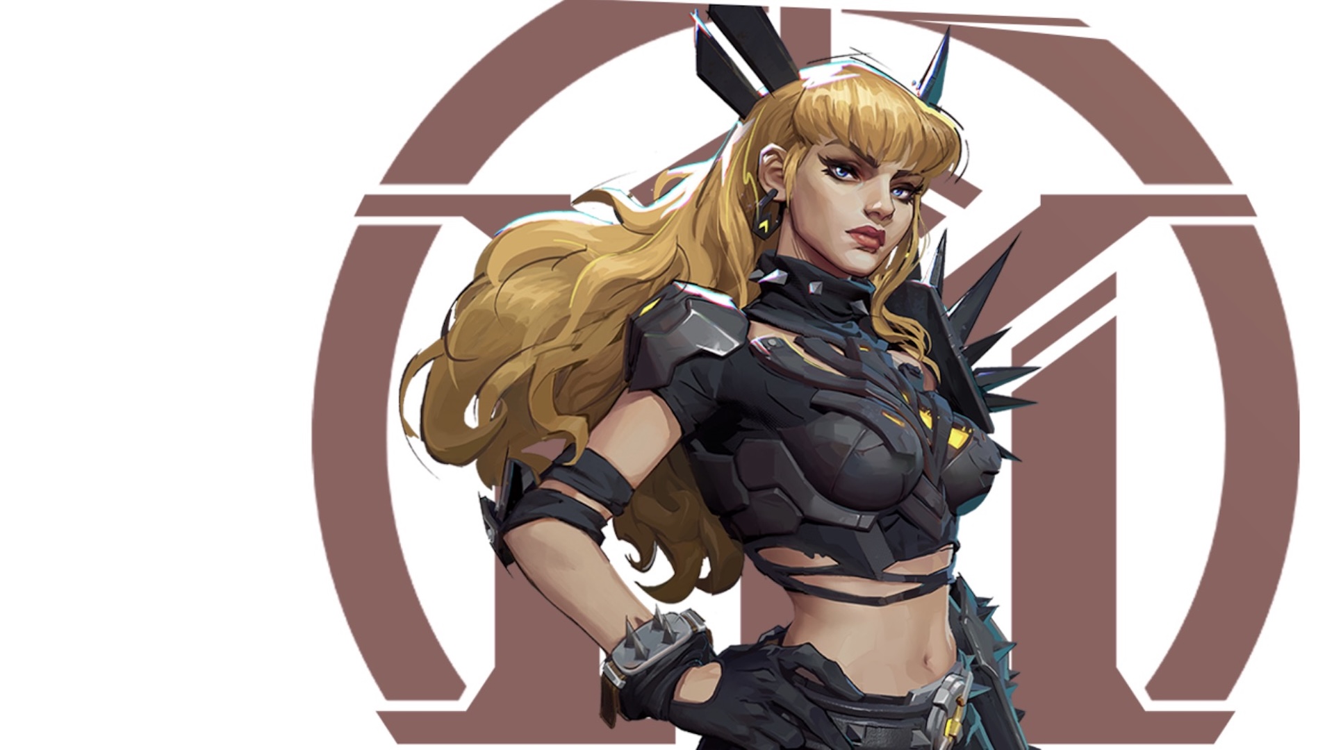 Magik stands with her back to her logo, a burgundy 'M'