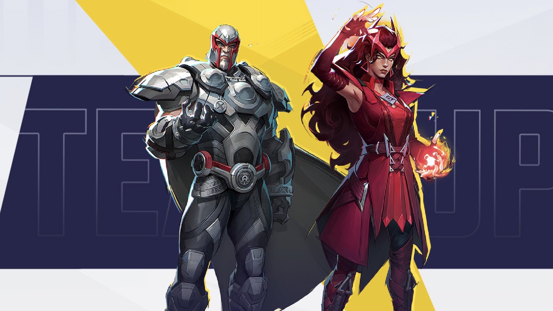 Magneto and Scarlet Witch standing against a yellow, white and purple background