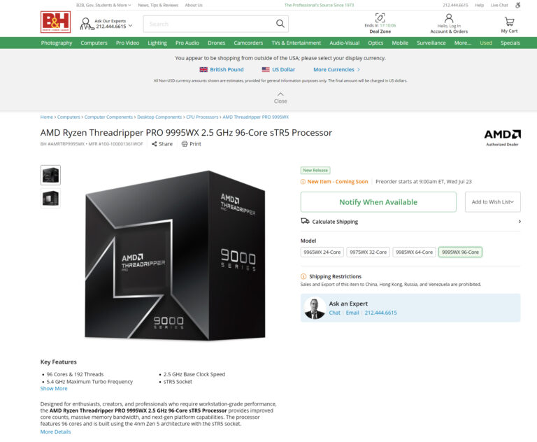 Threadripper PRO 9995WX B&H listing