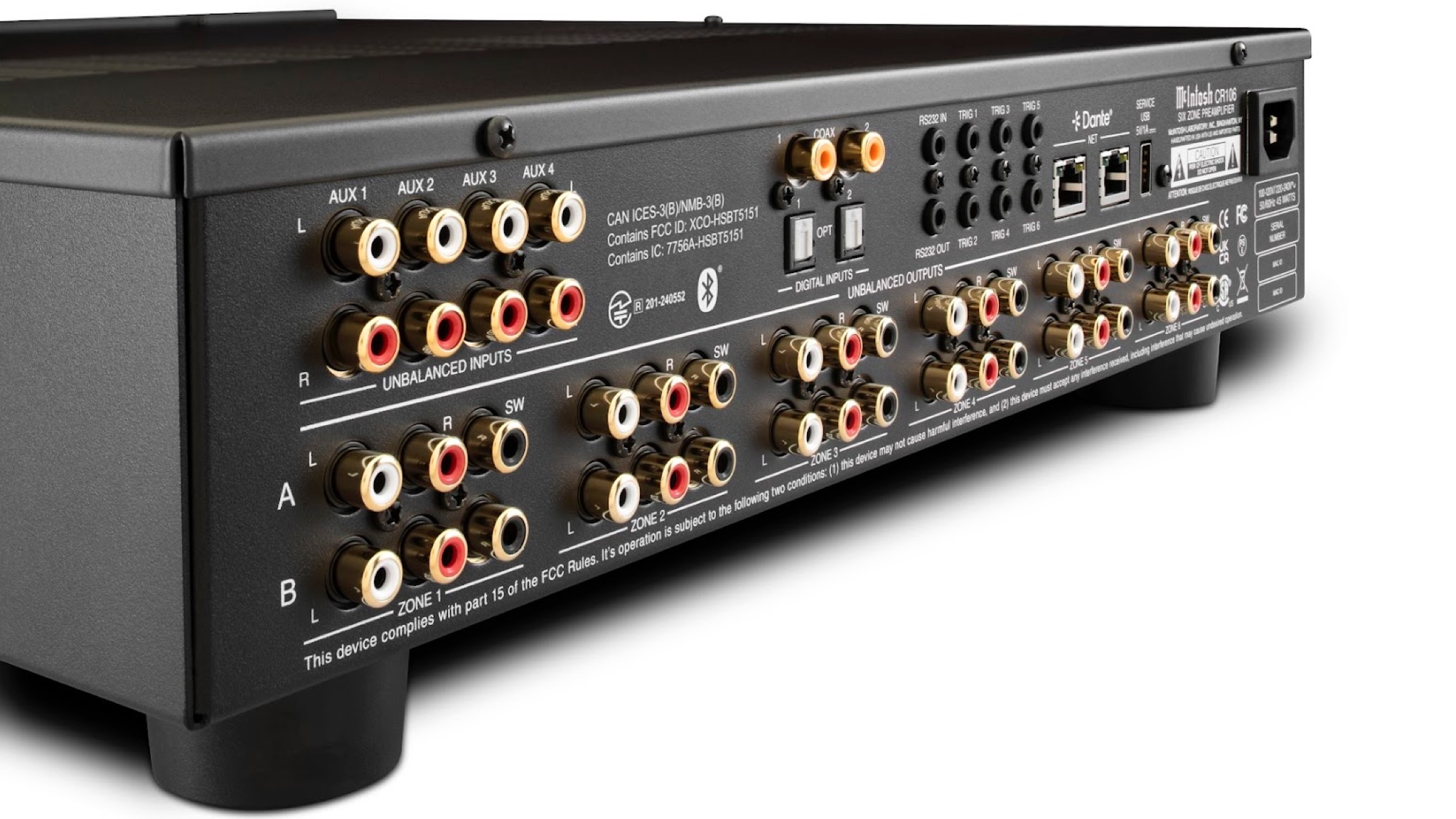 An angled rear view of the McIntosh CR106 on a white background