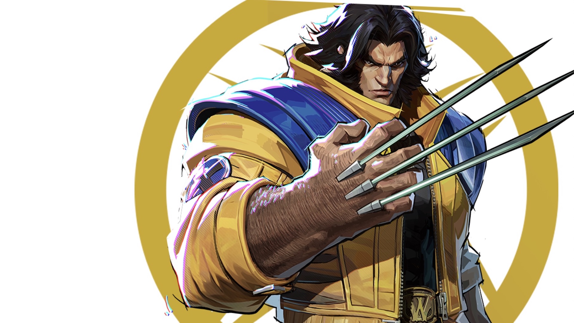 Wolverine stands against a yellow 'X' logo made up of claw marks