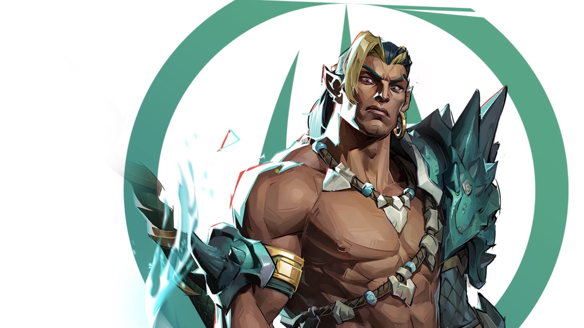 Namor stands against his logo of a green-blue trident