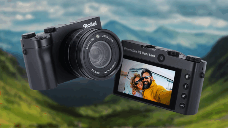 Front and rear views of the Rollei Powerflex V8 compact camera, superimposed onto a mountain vista