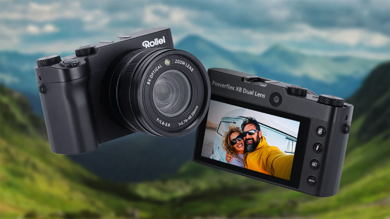 Front and rear views of the Rollei Powerflex V8 compact camera, superimposed onto a mountain vista