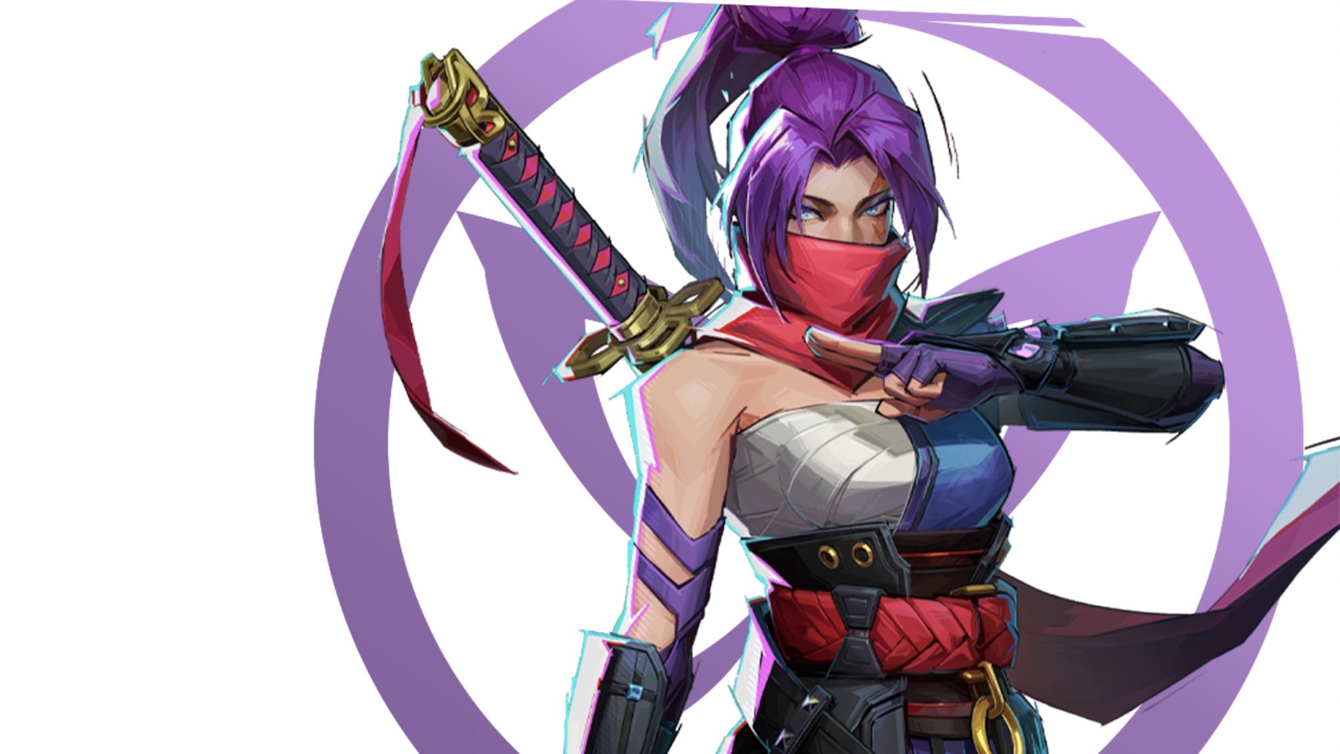 Psylocke stands against her logo, a purple butterfly
