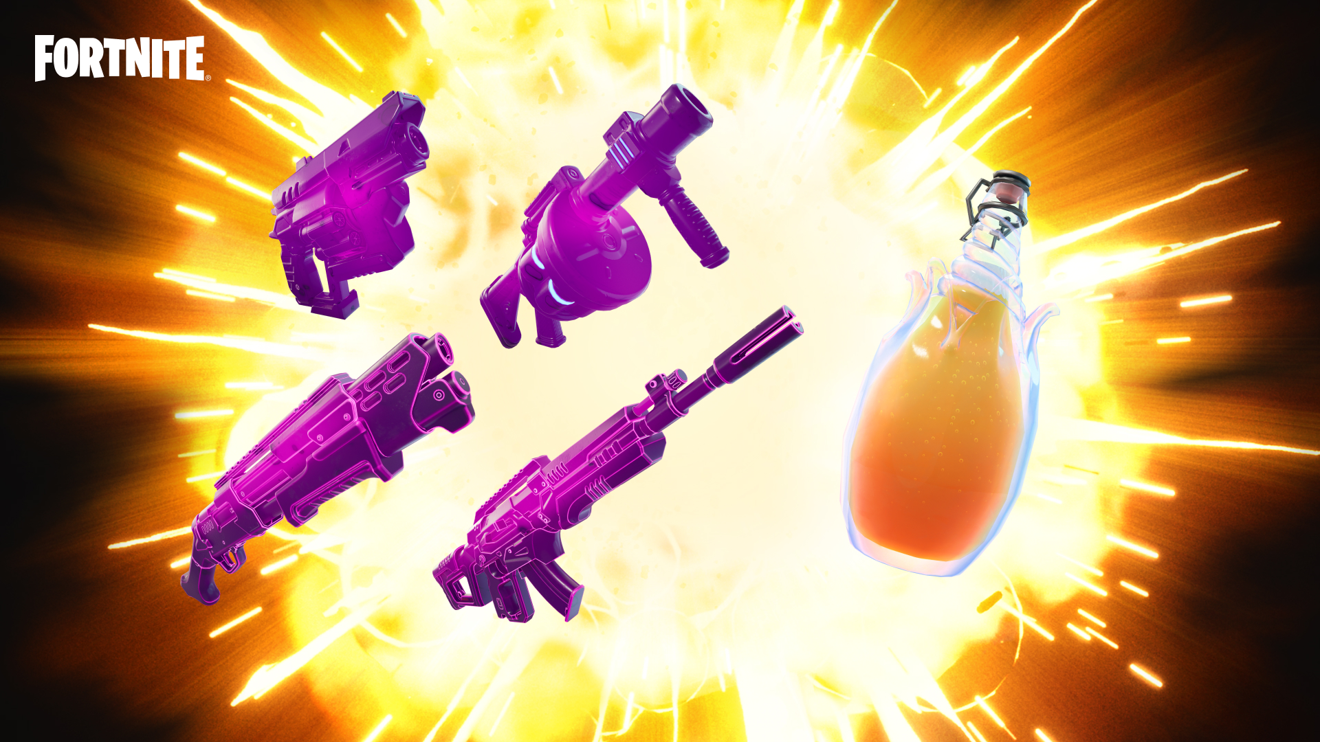 Four purple weapons next to a glass jar filled with orange liquid