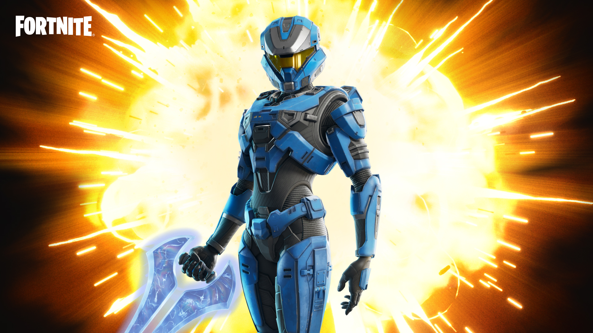 A Halo Spartan stands wielding an energy sword