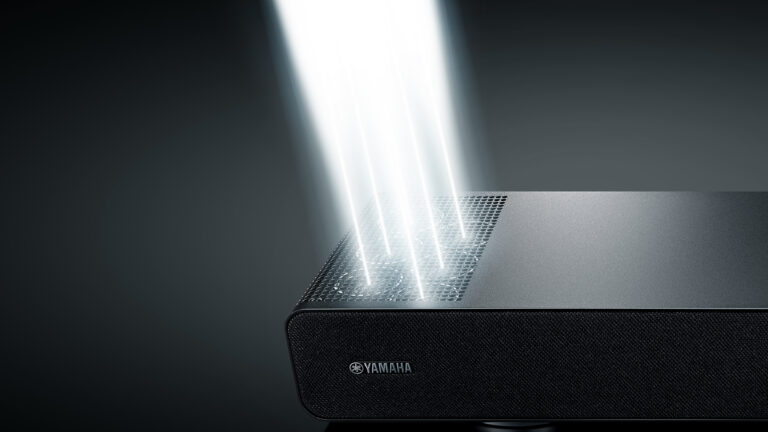 Yamaha True X Surround 90A top speakers, beaming light out as a representation of the sound being fired out