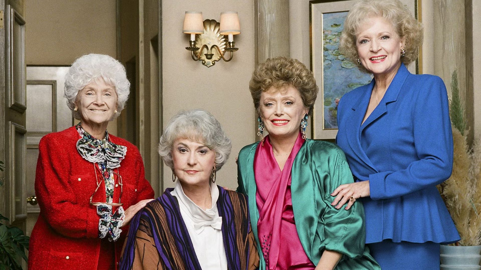 Estelle Getty, Bea Arthur, Rue McClanahan and Betty White all pose in the Golden Girls