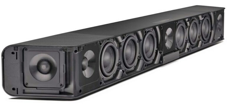 A view of the Sennheiser Ambeo Max soundbar without its speaker grilles, on a white background