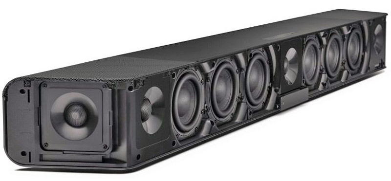 A view of the Sennheiser Ambeo Max soundbar without its speaker grilles, on a white background