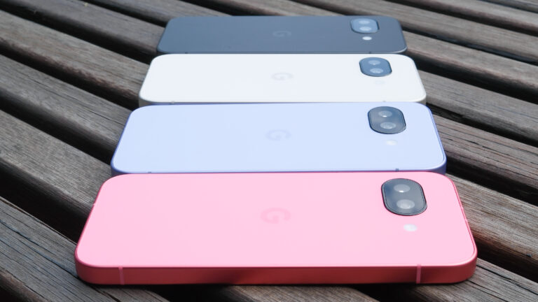 Google Pixel 9a in black, peony pink, iris, and porcelain, showing back cover with camera and home screen