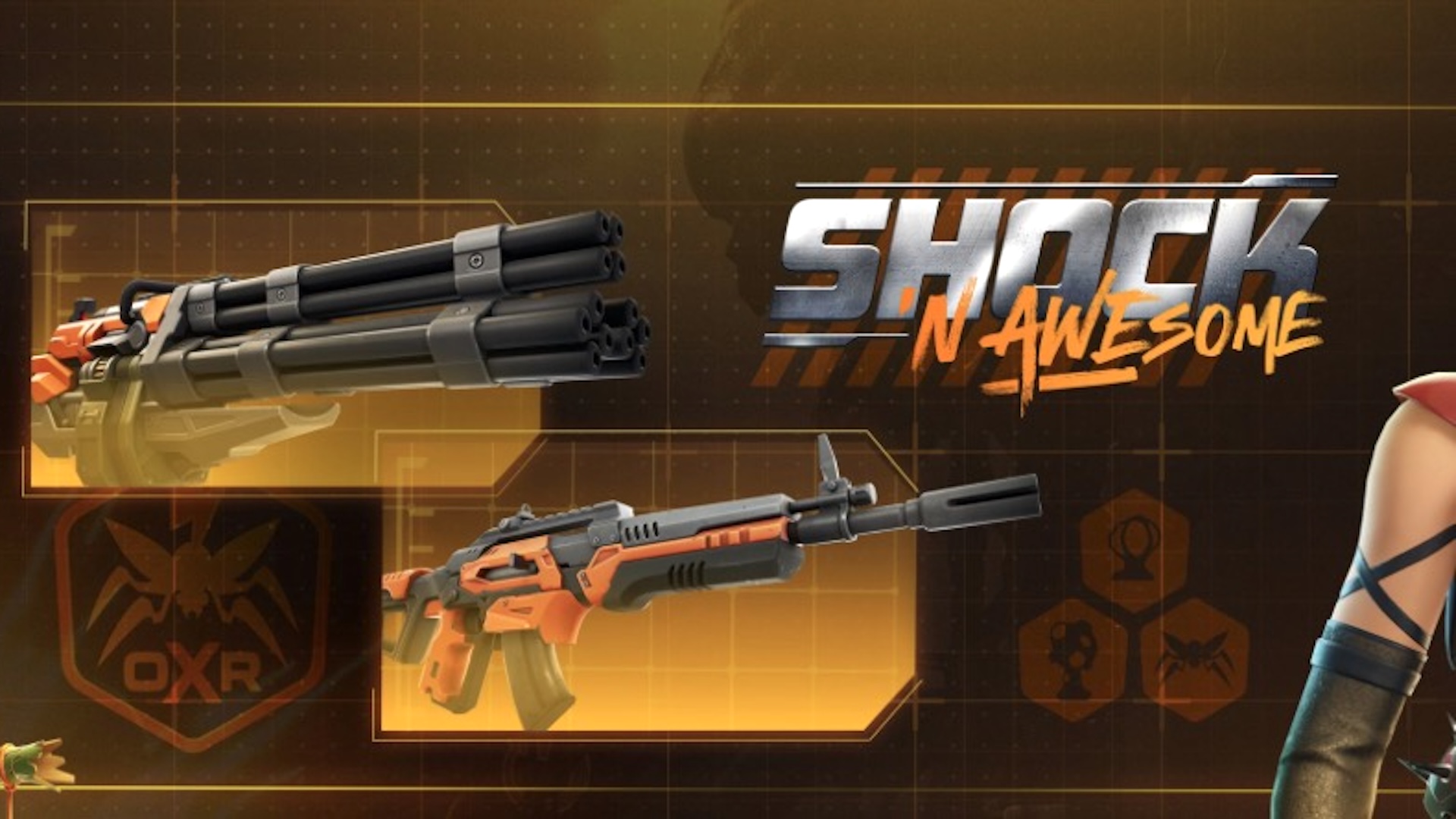 Two weapons side by side. Both are orange and grey