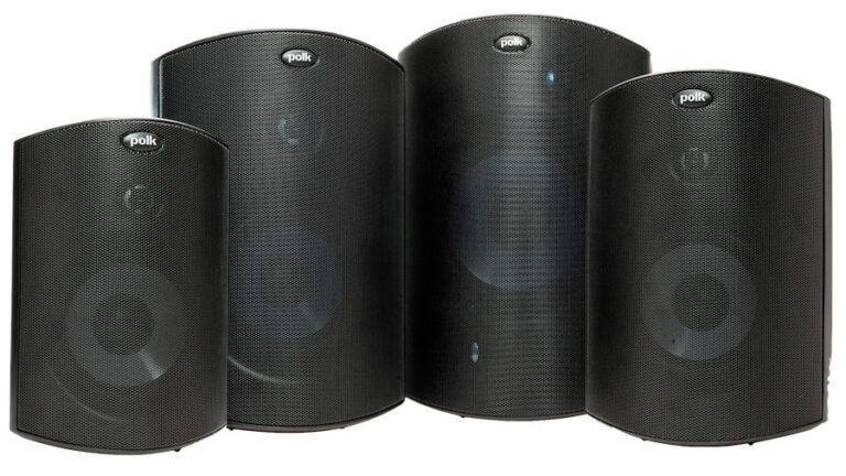 Polk Audio Atrium speaker range for 2025: four black speakers on a white background