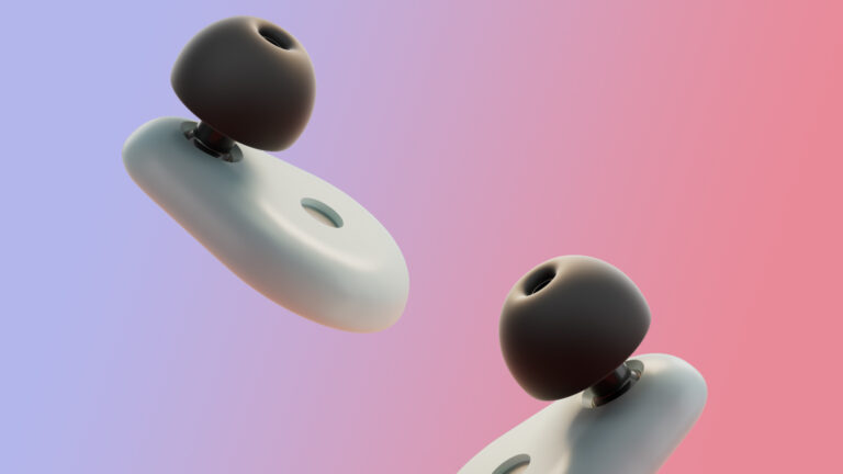 A pair of Somnibud earbuds on a purple and pink background