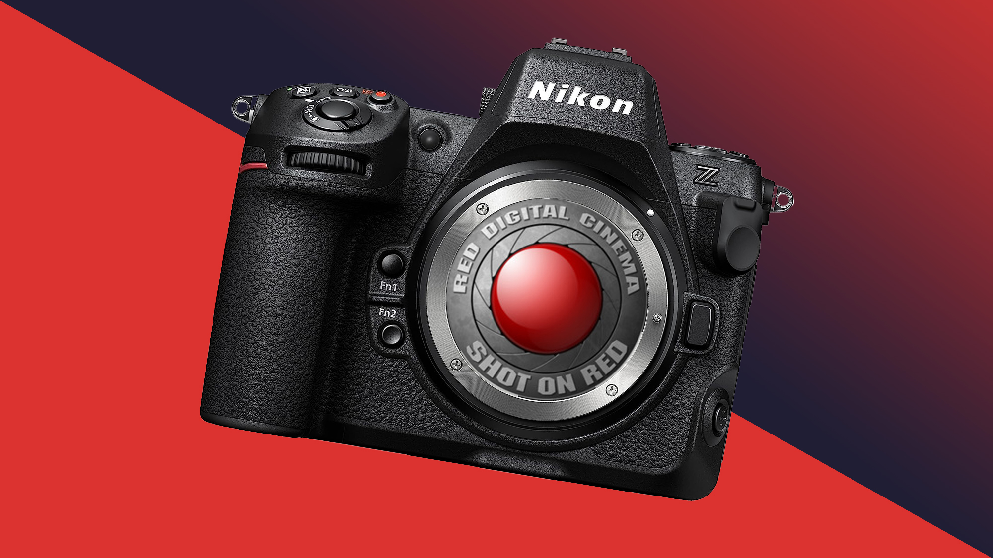 Nikon Z8 camera with RED logo inside the lens mount on a red background