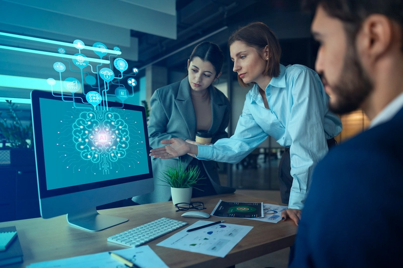 Professionals collaborating in a modern workspace with AI visualized on a computer screen, symbolizing AI's role in enhancing project management and teamwork.