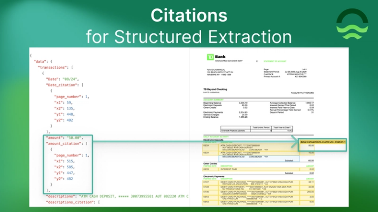 Example of Tensorlake structured data extraction with citations, showing JSON output linked to highlighted fields on a TD Bank statement. A $50.00 transaction is mapped from the document to the JSON citation with bounding box coordinates.