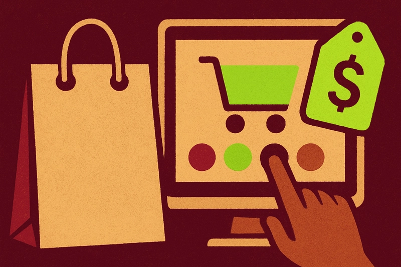 Illustration of shopping bag and at the side is a touchscreen monitor displaying an online store's screen with buttons to purchase items