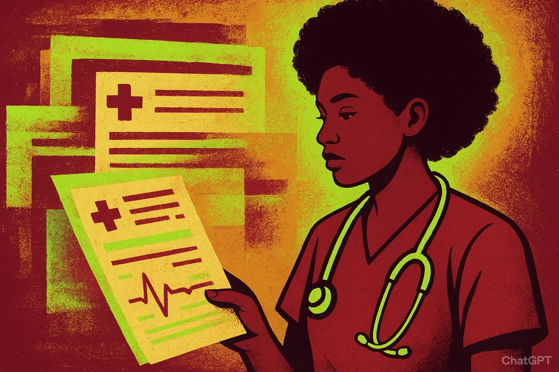 Doctor wearing an afro and stethoscope is looking at patient reports