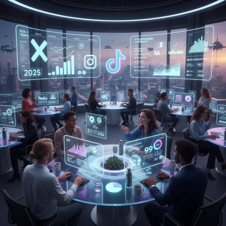 Marketers collaborating on social media marketing strategy in 2025 with futuristic digital elements