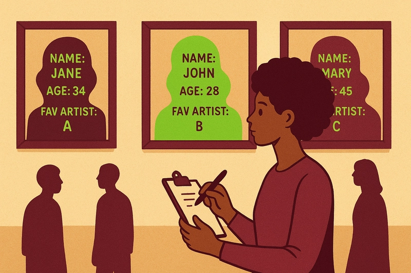 Illustration of a data analyst at a gallery, taking notes of gallery goers viewing different paintings with their metadata displayed like name, age, and favorite artist