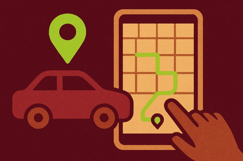 Illustration of a car with a location pin, and at the left is a grid of a path taken by the car.