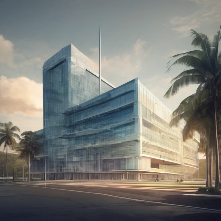 Stylized depiction of a modern government building in the Philippines, with transparency layers showing code and data flowing, representing digital governance and open-source principles.