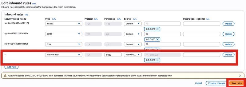 Add TCP / 8080 / 0.0.0.0/0 & save