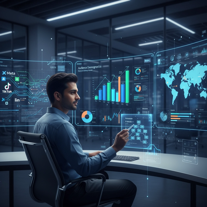 Marketer defining target audience and goals using futuristic data analytics