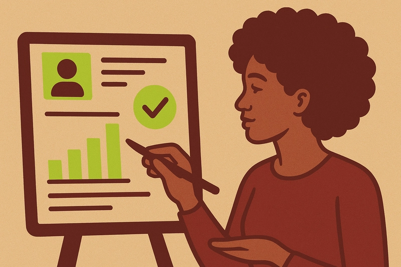 Illustration of teacher wearing an afro, discussing data in a whiteboard