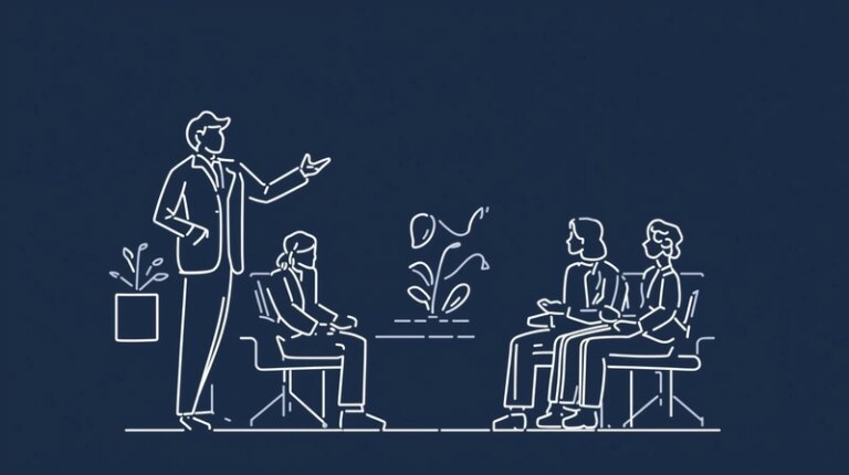 Line art of sales person pitching