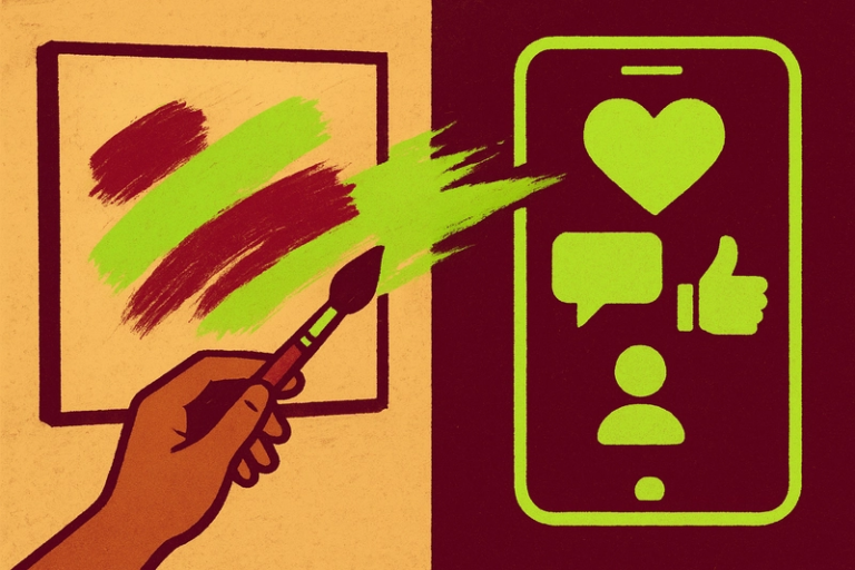 Image of animated canvas with streaks of maroon and neon green paint splattered on the left. On the right is an illustration of a mobile phone with social media symbols of heart, like, comment and profile