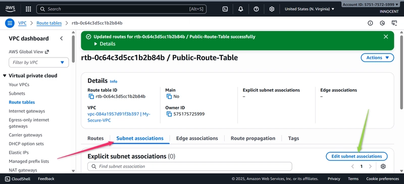 Updated route for public-Route-Table Successfully .Red arrow on subnet associations, green arrow on edit subnet association