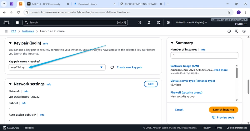 The Blue arrow indicating key-pair.pem already existed/created