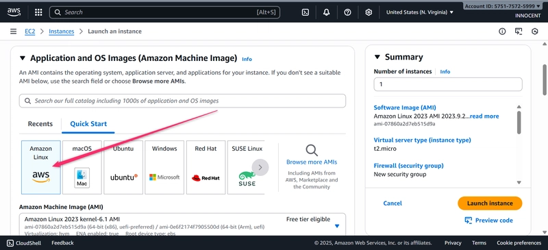 Amazon Linux, indicted by red arrow