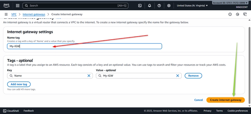 Image showing name tag:My-IGW and Click Create