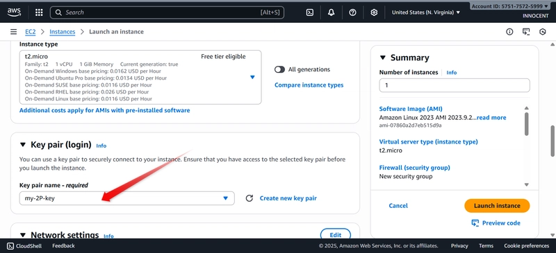 Red arrow indicating Key-pair. pem already existed or created