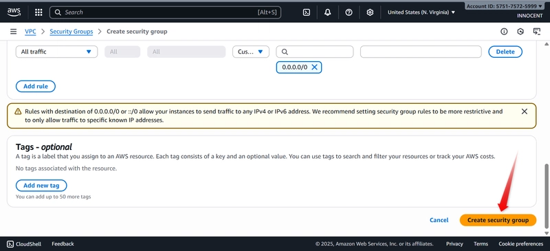 Red arrow Clicked create security group